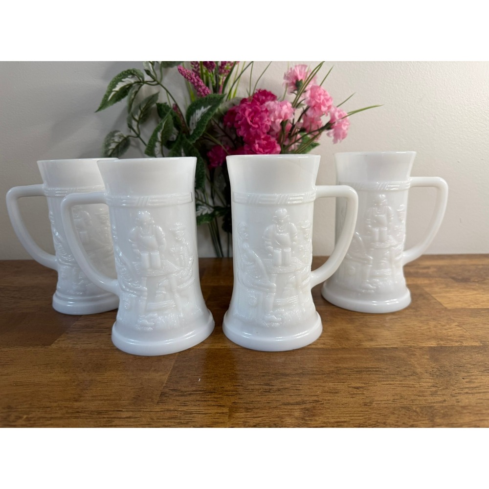 Federal Glass White Milk Glass Tavern Scene Beer Stein Coffee Mugs Retro Decor